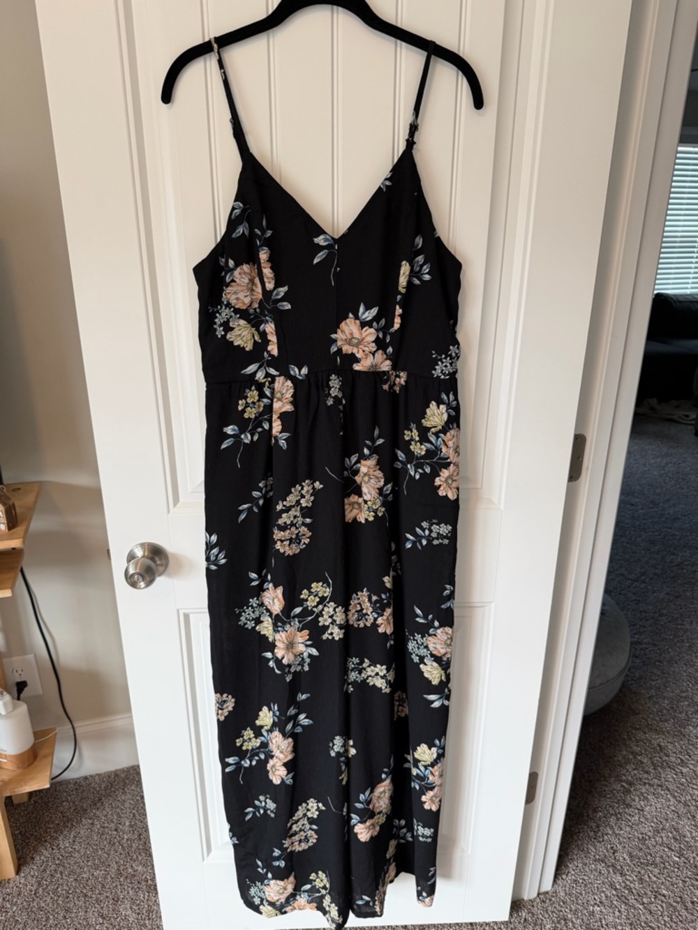 Xhilaration Black Floral Spaghetti-Strap Maxi Dress with Peach and Cream Blooms